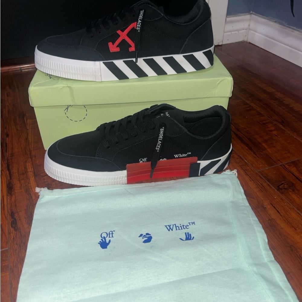 Off-White Black Sneakers with Red and White Accents
